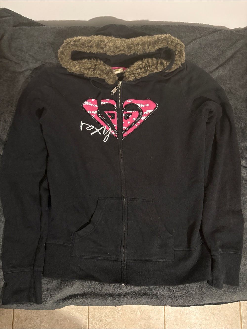 Black Roxy fur hooded zip up